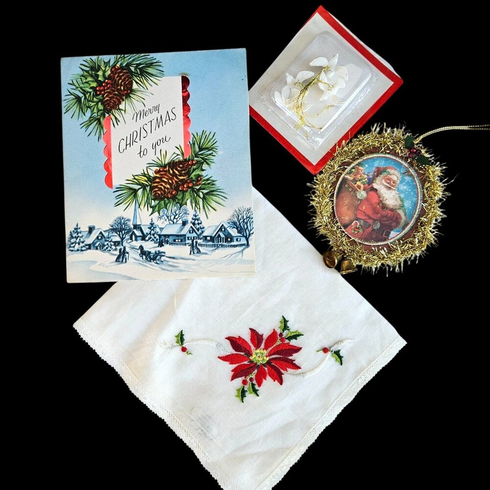 Vintage Christmas Swiss Embroidered Hankie Holiday Instant Collection Decor Pack